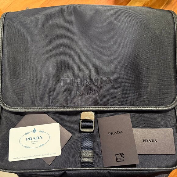 Prada Computer Messenger Bag Navy Blue Nylon and Leather Tessuto Saffiano Used - Picture 1 of 9